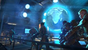 XCOM soldiers pass by Mission Control on their way to a mission