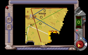 (This game is with some custom maps from XcomUtil. It adds pyramids to the desert to give the aliens some cover). About 5 turns into the battle and the first group of agents has spread out into the field. An alien has popped out of the door at (1). The scouts (2) are moving cautiously and are carrying fast weapons (Pistols in this case). Troopers with heavier weapons are backing up the scouts (3). Their possible lines of fire are marked with the colored lines.